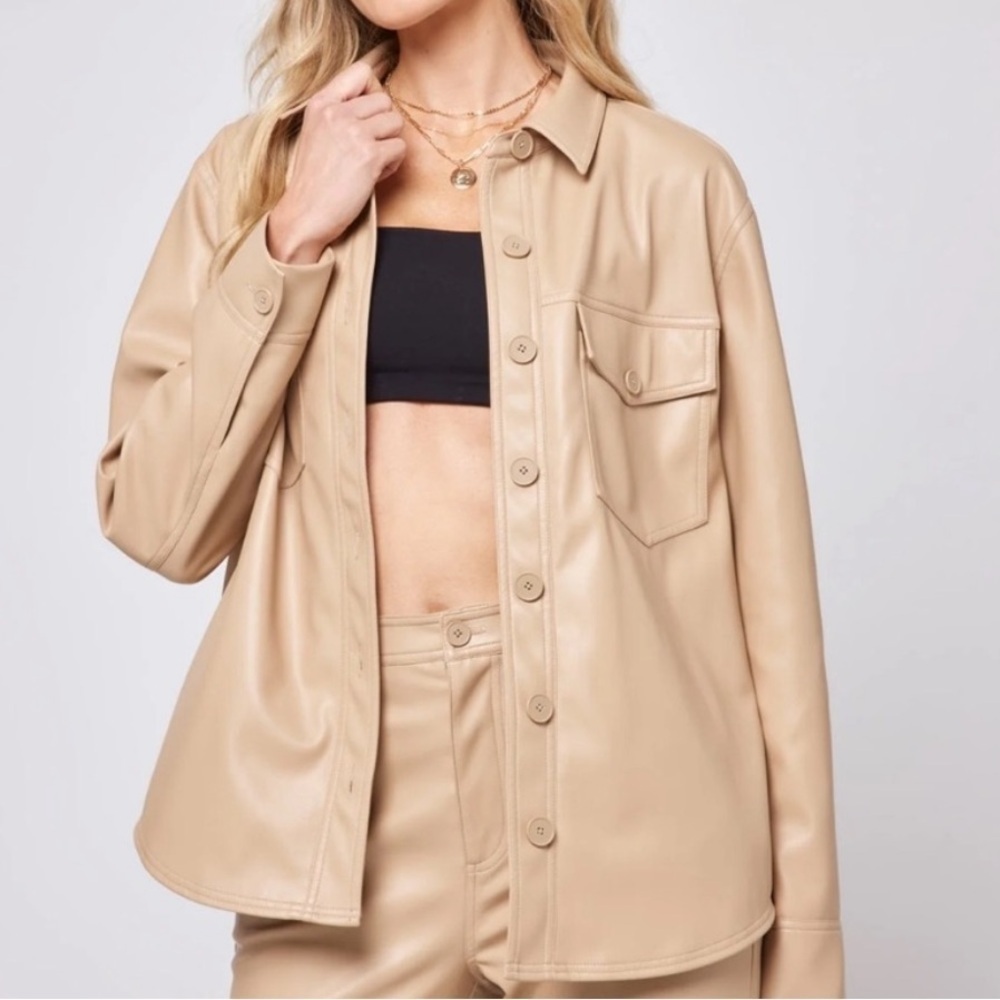 L*Space Echo Vegan Leather Button Front Shirt Jacket Shacket Latte